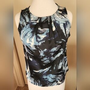 F76 Kasper sheer blouse blue pattern keyhole button closure gathered round neck